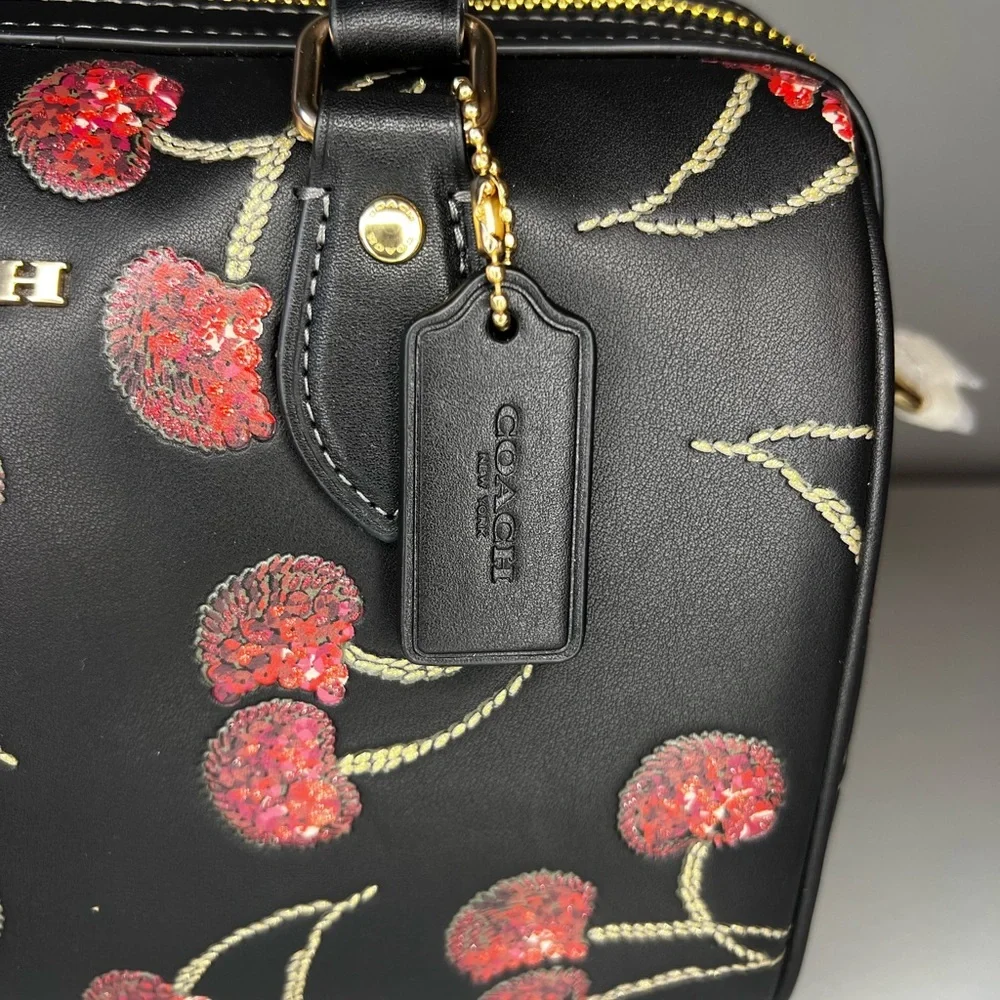 Coach Rowan Satchel Bag in Leather with Cherry Print Black Multi